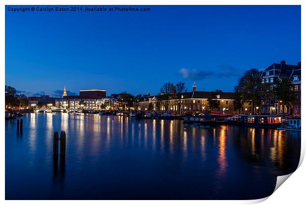  River Amstel, Amsterdam at Night Print by Carolyn Eaton