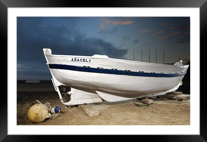 Boat in the beach. Nocturne Framed Mounted Print by Josep M Peñalver