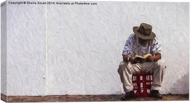  Man reading sitting on a crate Canvas Print by Sheila Smart