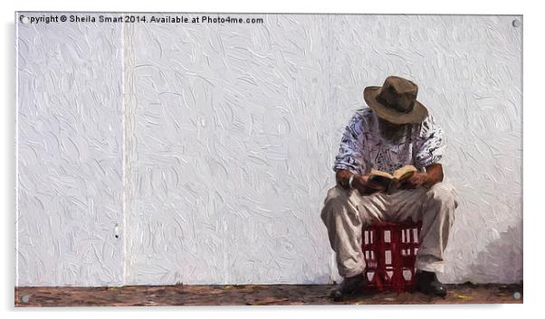  Man reading sitting on a crate Acrylic by Sheila Smart