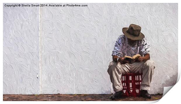  Man reading sitting on a crate Print by Sheila Smart
