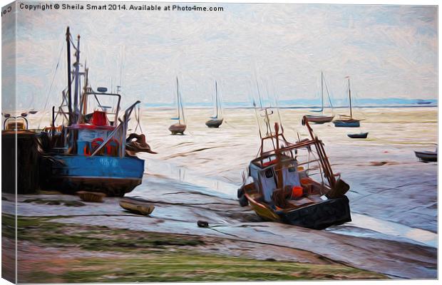  Fishing boats on mudflat at Leigh on Sea, Essex Canvas Print by Sheila Smart