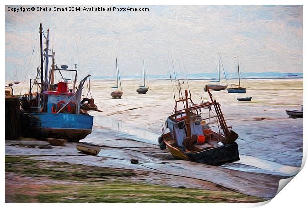  Fishing boats on mudflat at Leigh on Sea, Essex Print by Sheila Smart
