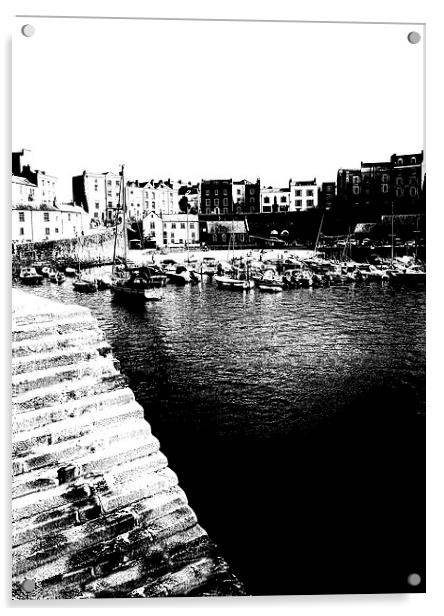 Tenby Harbour Black and White Acrylic by Jonathan Evans
