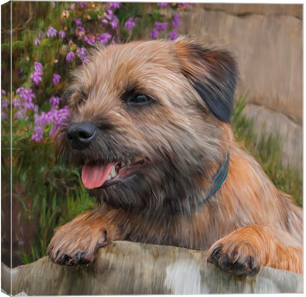  Oil Painted Border Terrier Dog With Heather Flowe Canvas Print by Tanya Hall