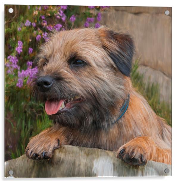  Oil Painted Border Terrier Dog With Heather Flowe Acrylic by Tanya Hall