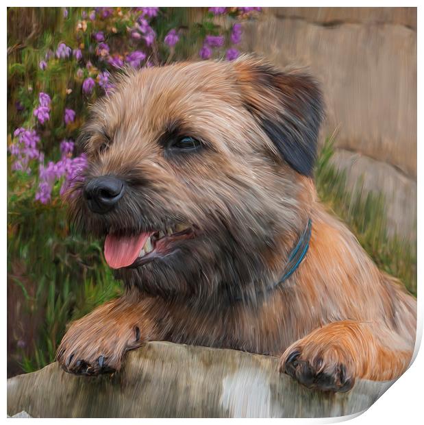  Oil Painted Border Terrier Dog With Heather Flowe Print by Tanya Hall