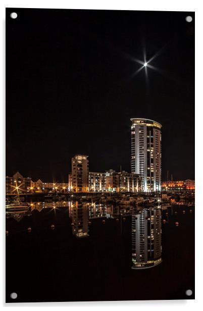  Meridian Tower, Swansea at Night.  Acrylic by Becky Dix