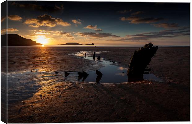  Rossili bay, Worm's head and the wreck of Helveti Canvas Print by Leighton Collins