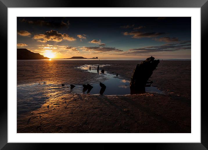  Rossili bay, Worm's head and the wreck of Helveti Framed Mounted Print by Leighton Collins