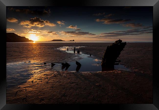  Rossili bay, Worm's head and the wreck of Helveti Framed Print by Leighton Collins