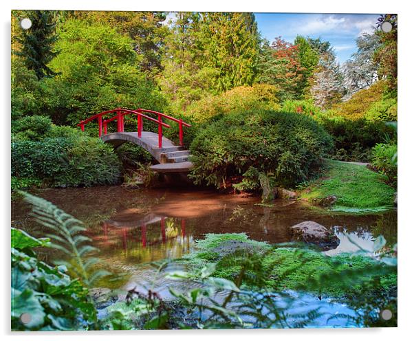  Red Bridge Calm Garden Acrylic by Jonah Anderson Photography