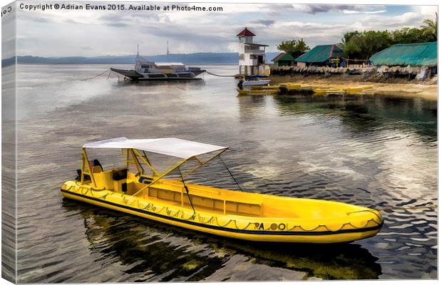 Yellow Tour Boat Nalusuan Island Philippines Canvas Print by Adrian Evans