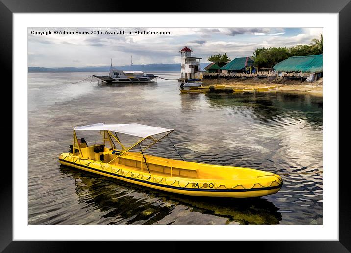 Yellow Tour Boat Nalusuan Island Philippines Framed Mounted Print by Adrian Evans