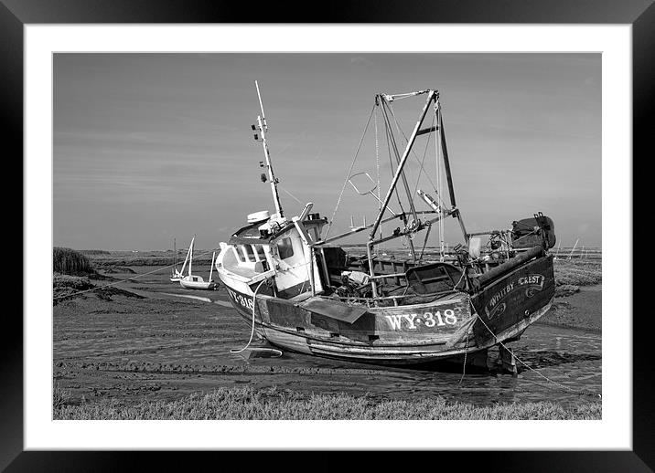 Monochrome of Whitby Crest at Brancaster Staithe Framed Mounted Print by John Edwards