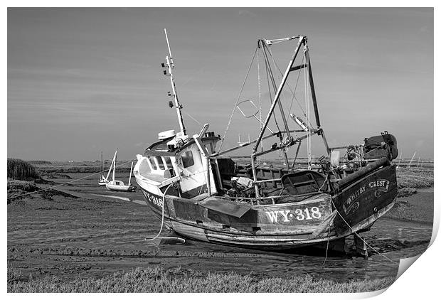 Monochrome of Whitby Crest at Brancaster Staithe Print by John Edwards
