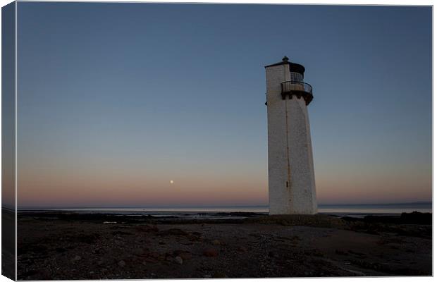 Southerness Lighthouse Moonrise at Sunset Canvas Print by Derek Beattie