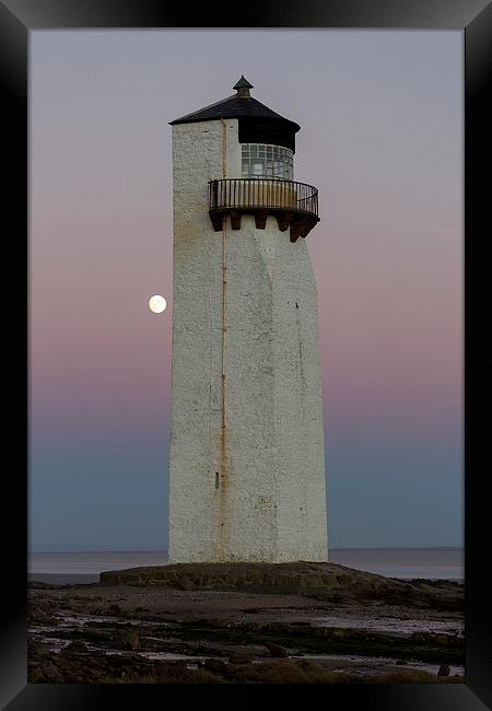 Southerness Lighthouse at Moonrise Framed Print by Derek Beattie