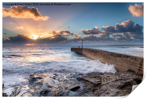 Sunset Rays over Porthleven Pier Print by Helen Hotson