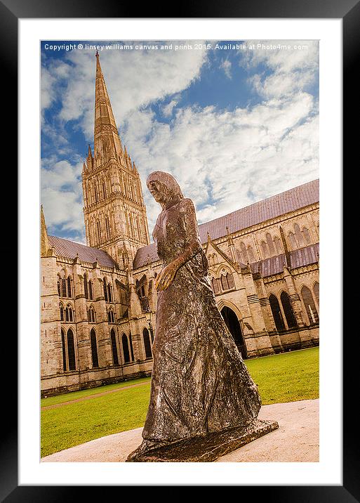 Salisbury Cathedral And The Walking Madonna  Framed Mounted Print by Linsey Williams