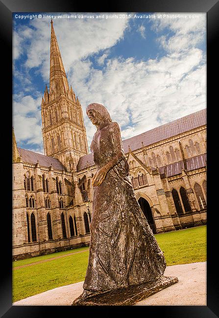 Salisbury Cathedral And The Walking Madonna  Framed Print by Linsey Williams