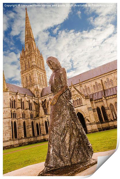 Salisbury Cathedral And The Walking Madonna  Print by Linsey Williams