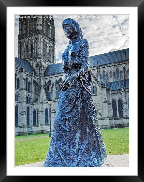 Salisbury Cathedral And The Walking Madonna 2 Framed Mounted Print by Linsey Williams