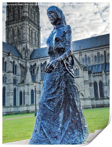 Salisbury Cathedral And The Walking Madonna 2 Print by Linsey Williams