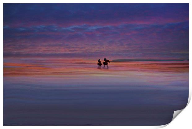 Lone Riders at sunset Print by sylvia scotting