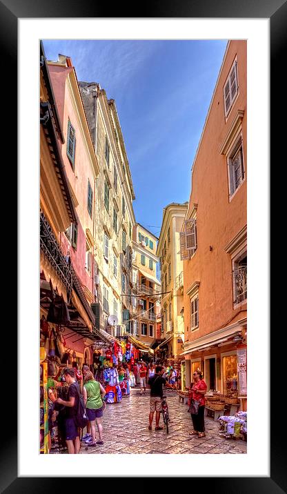 Busy Corfu Alley Framed Mounted Print by Tom Gomez