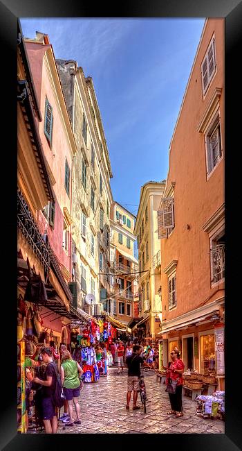 Busy Corfu Alley Framed Print by Tom Gomez