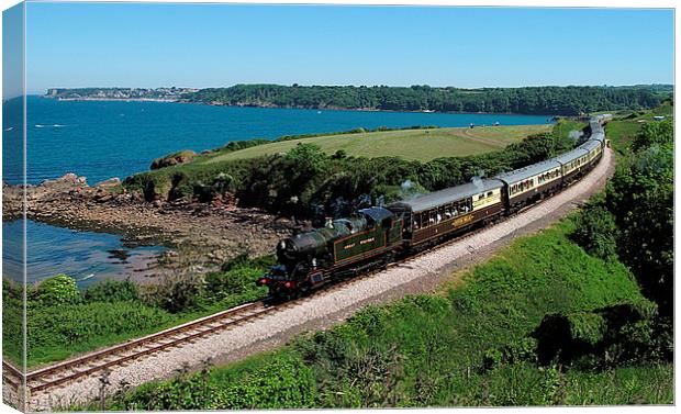  Steam train passing Saltern Cove near Goodrington Canvas Print by Rosie Spooner
