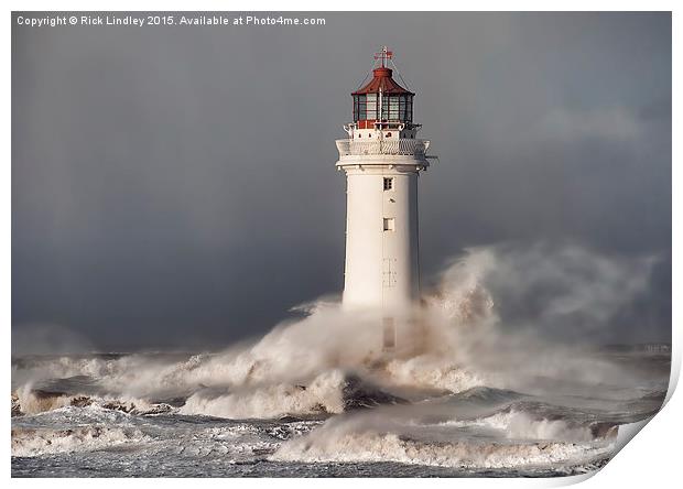 Lighthouse in a storm Print by Rick Lindley