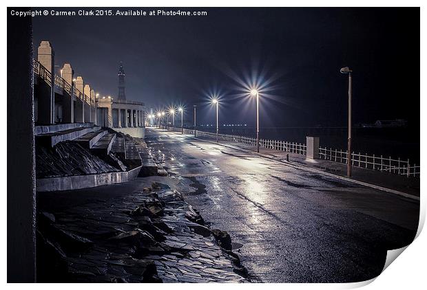 Rainy Winter's evening on Blackpool Promenade Print by Carmen Clark