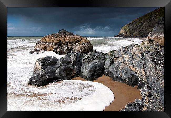  Incoming tide on Penbryn beach, West Wales. Framed Print by Andrew Kearton