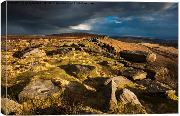  Dramatic light on Stanage edge, Peak District Canvas Print by Andrew Kearton
