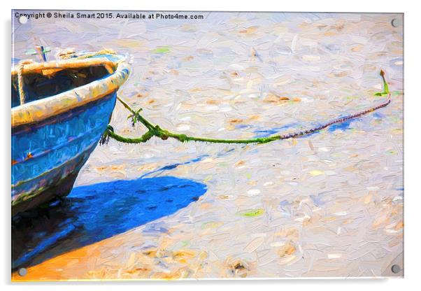  Blue boat moored on sand Acrylic by Sheila Smart