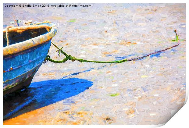  Blue boat moored on sand Print by Sheila Smart