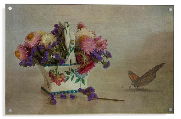 Everlasting flowers in vase with butterfly Acrylic by Eddie John