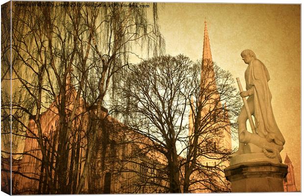  Nelson statue and Norwich Cathedral Canvas Print by Sally Lloyd