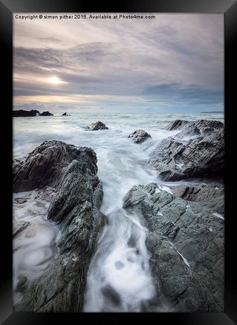 Snow clouds over Whitsand bay Framed Print by simon pither
