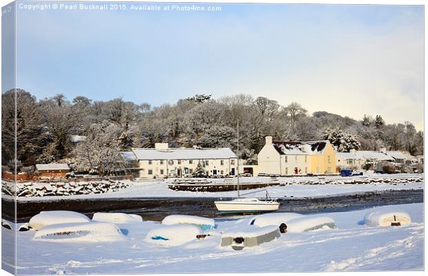 Snow in Red Wharf Bay Anglesey Canvas Print by Pearl Bucknall
