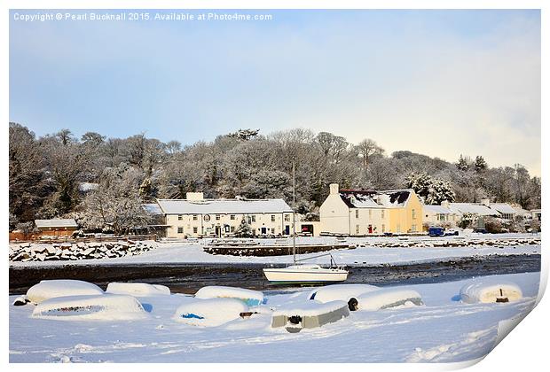 Snow in Red Wharf Bay Anglesey Print by Pearl Bucknall
