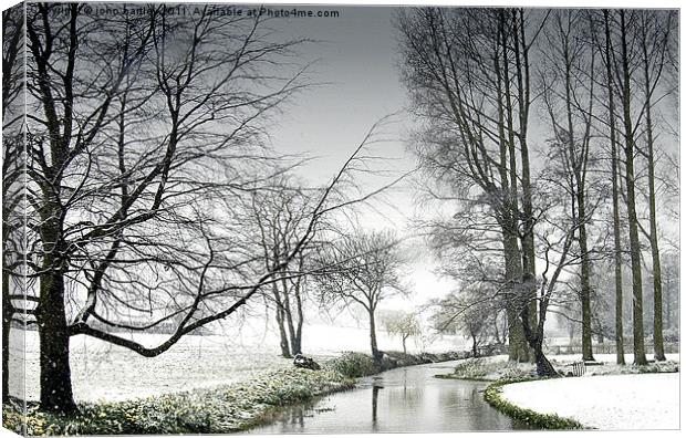 Snowfall at the River Wensum Bintree Norfolk Canvas Print by john hartley