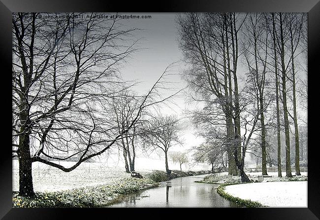 Snowfall at the River Wensum Bintree Norfolk Framed Print by john hartley