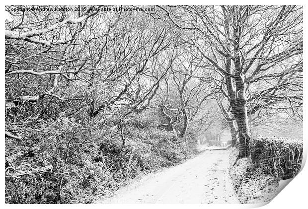 English country lane in a blizzard Print by Andrew Kearton