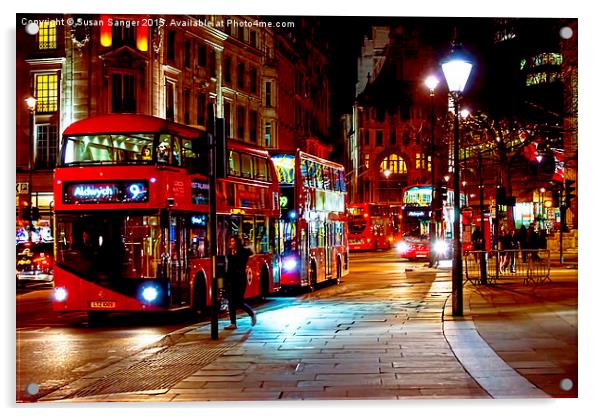 London Busses at Trafalgar Square at night Acrylic by Susan Sanger