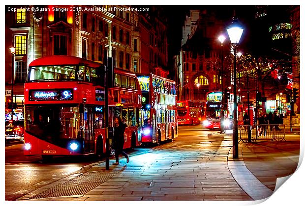  London Busses at Trafalgar Square at night Print by Susan Sanger