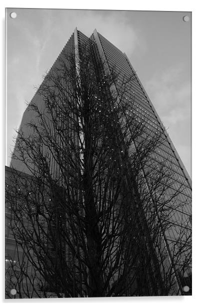Canary Wharf Tower and Tree Acrylic by Iain McGillivray
