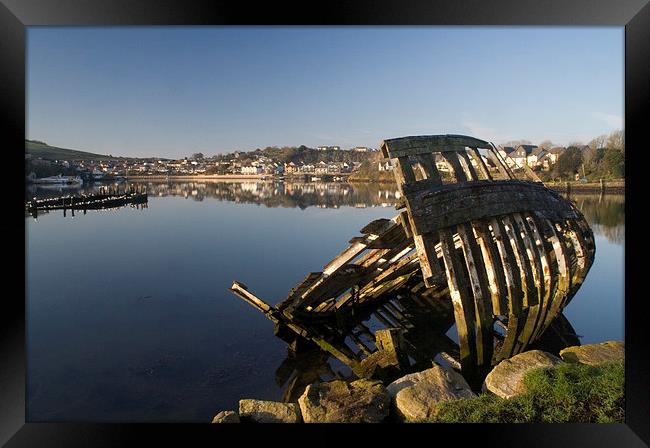 Boat wreck, Hooe Lake, Plymouth Framed Print by Simon Armstrong